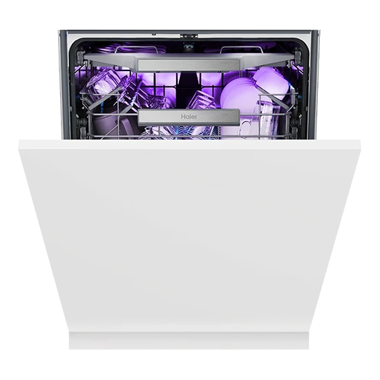 Odpiran pomivalni stroj za vgradnjo Haier i-Pro Shine 6 Biovitae XS 4A4M4BB, prikazan od spredaj.